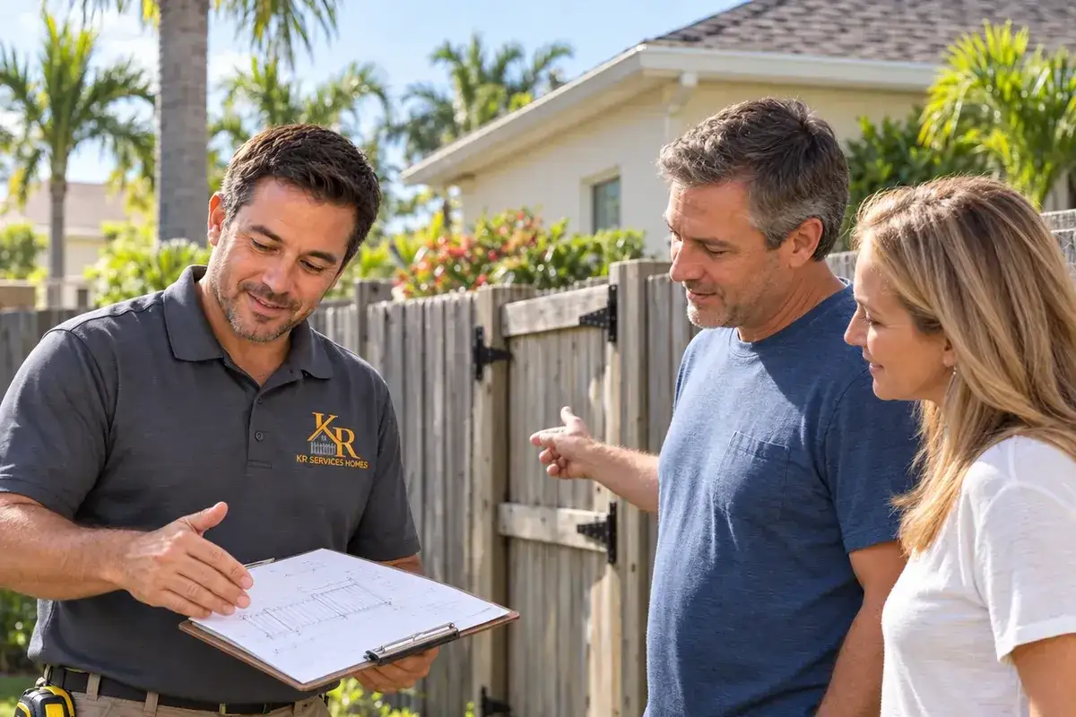 KR Services Homes technician going over repair options with homeowners next to a weathered wood fence