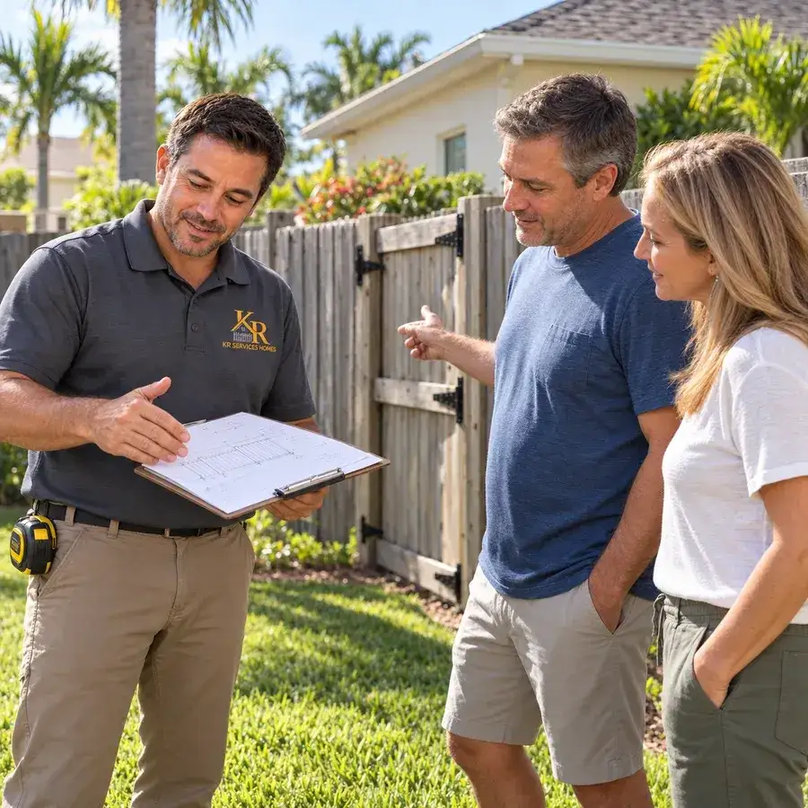 KR Services Homes fence technician reviewing a fence plan with homeowners in their backyard