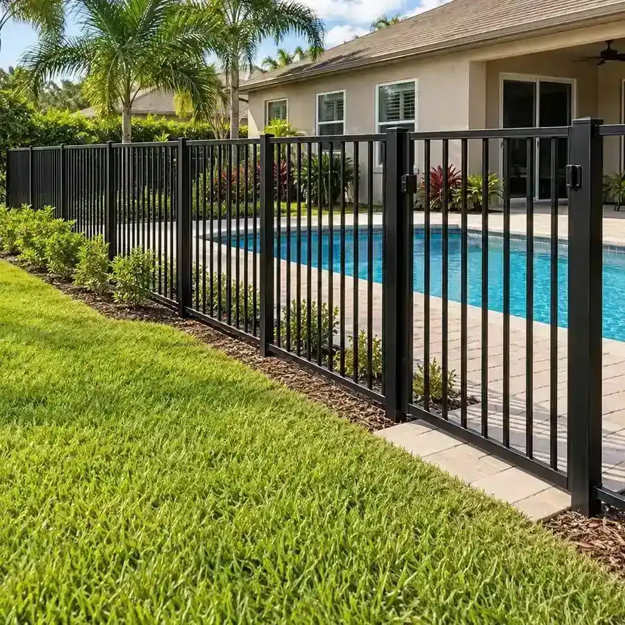 Black aluminum pool fence with a gate around a backyard pool in Florida