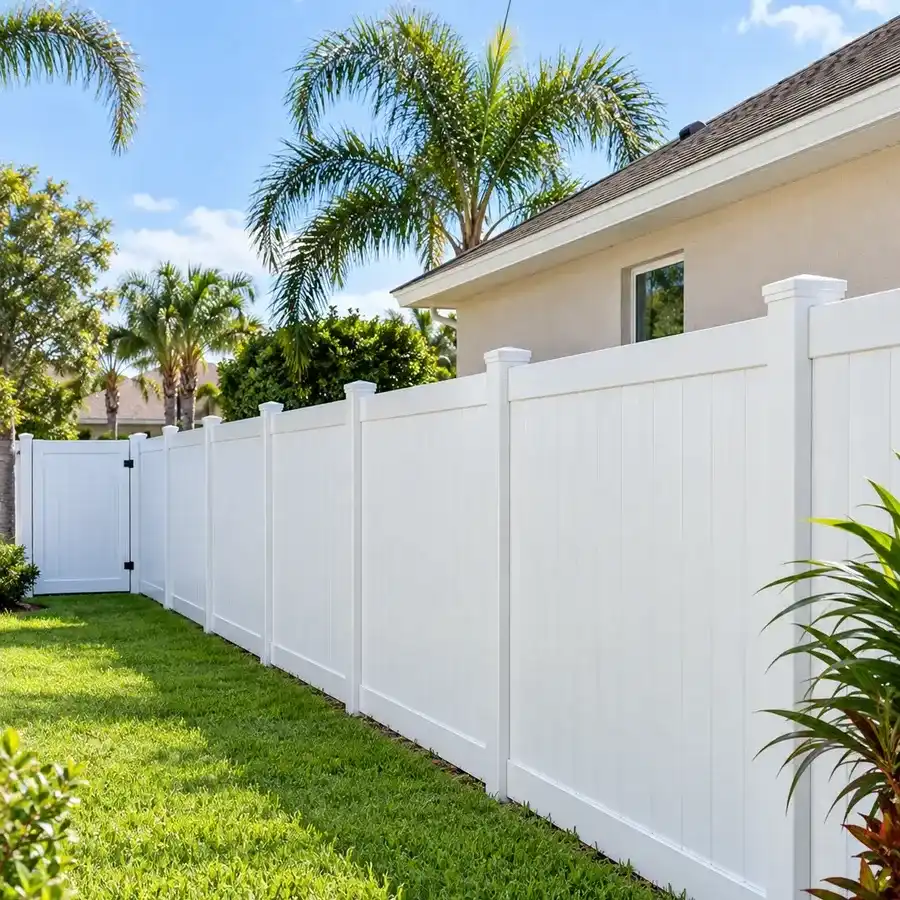 White vinyl privacy fence with a matching gate along a Florida backyard lawn
