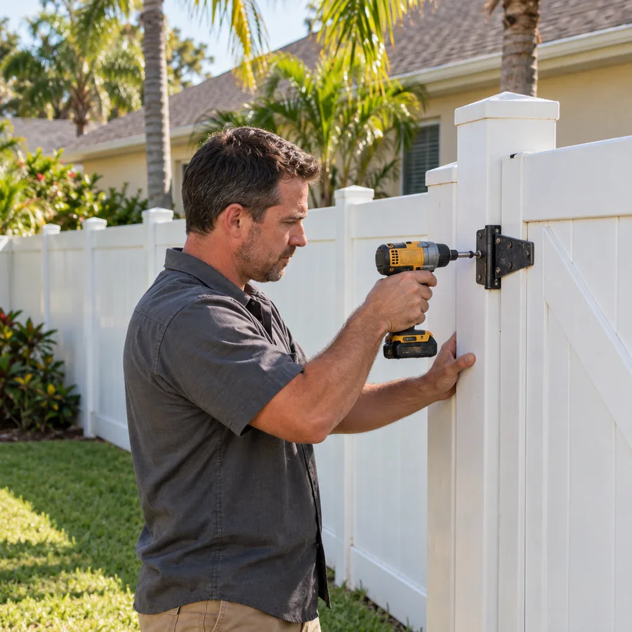 Fence technician tightening a hinge on a white vinyl fence gate