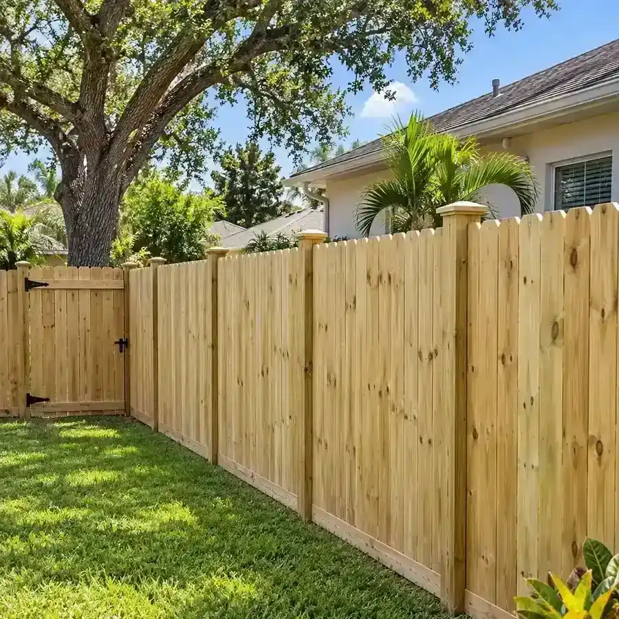 New wood privacy fence with a gate in a Florida backyard under an oak tree