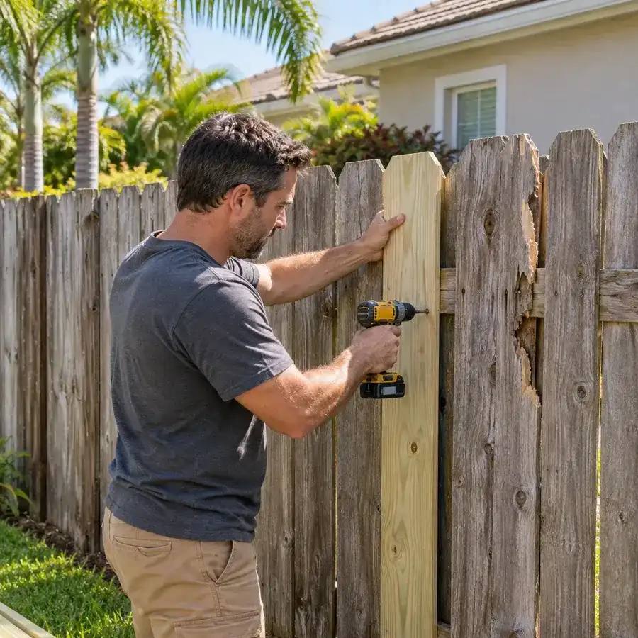 Fence technician replacing a damaged board on a weathered wood fence